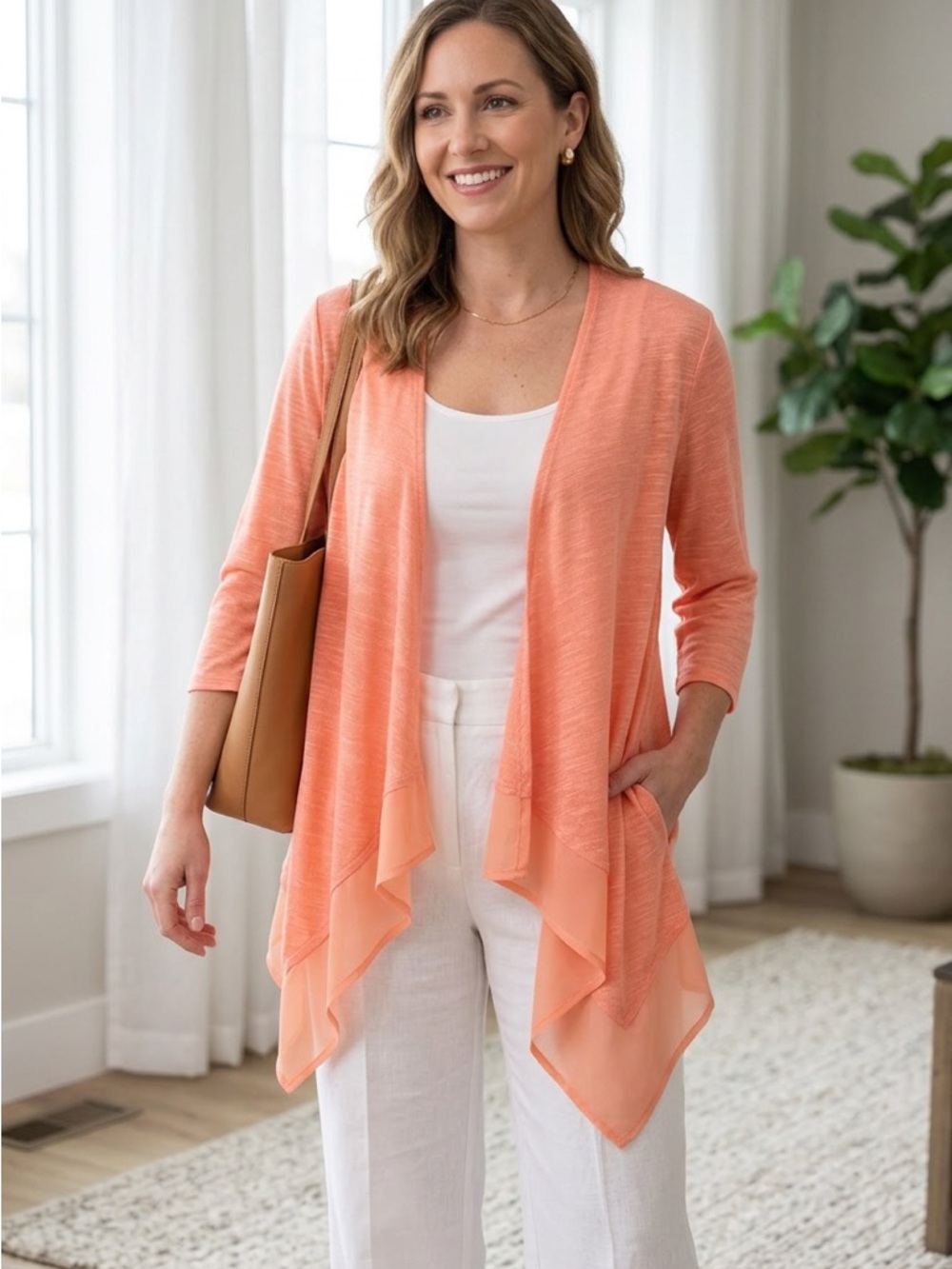 Studio Works Tunic Women PL Waterfall Open Front Sheer Boho Preppy City Fairy